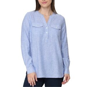Tahari Linen Blend Blue‎ & White Striped Buttoned Shirt Size Small Cottagecore